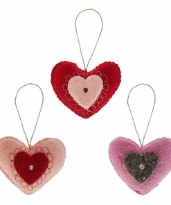 Promo 🛒 Traditions Red & Pink Wool Felt Heart Ornaments Set/3 🎁
