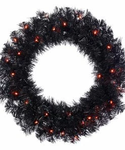 Budget 👍 Traditions Black 💀 Halloween Lighted Wreath With Orange Lights 🥰